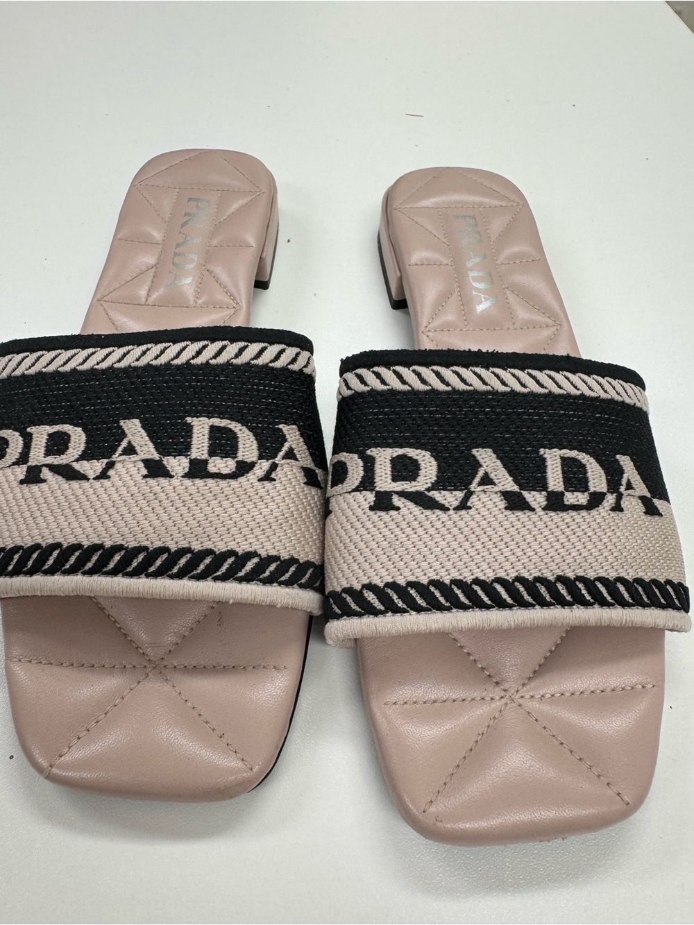 Prada Pink Quilted Leather Slide Sandals with Black Logo Band